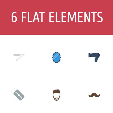 Düz simgeler bıyık, seyir-cam, kurutma ve diğer vektör öğeleri. Kuaför düz simgeler simge kümesi de Sharp, ustura, saç kurutma makinesi nesneleri içerir.