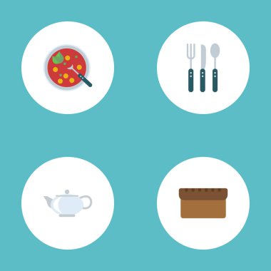 Düz simgeler ekmek, et suyu, gümüş ve diğer vektör öğeleri. Gıda düz simgeler simge kümesi de tencere, çaydanlık, tencere nesneleri içerir.