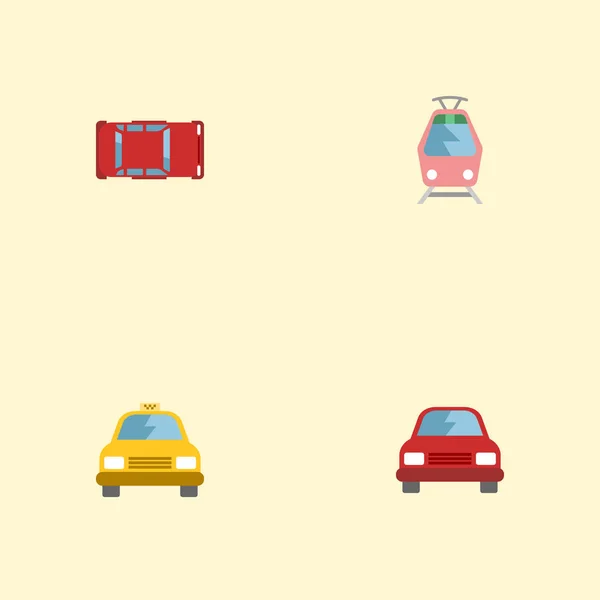 Icone piatte Cabina, tram, automobile e altri elementi vettoriali. Set di icone piatte auto simboli comprende anche taxi, tram, tram oggetti . — Vettoriale Stock