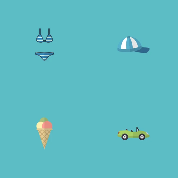 Flache Symbole Hut, Sorbet, Beachwear und andere Vektorelemente. Reihe von Symbolen für flache Sommersymbole umfasst auch Bikini, Auto, Strandobjekte. — Stockvektor