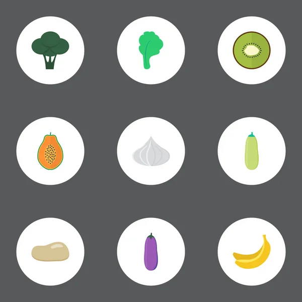Lapos ikonok krumpli, tök, egzotikus desszert és egyéb vektoros elemek. Desszert lapos ikonok szimbólumok is tartalmaz banán, hagyma, izzó tárgyak. — Stock Vector