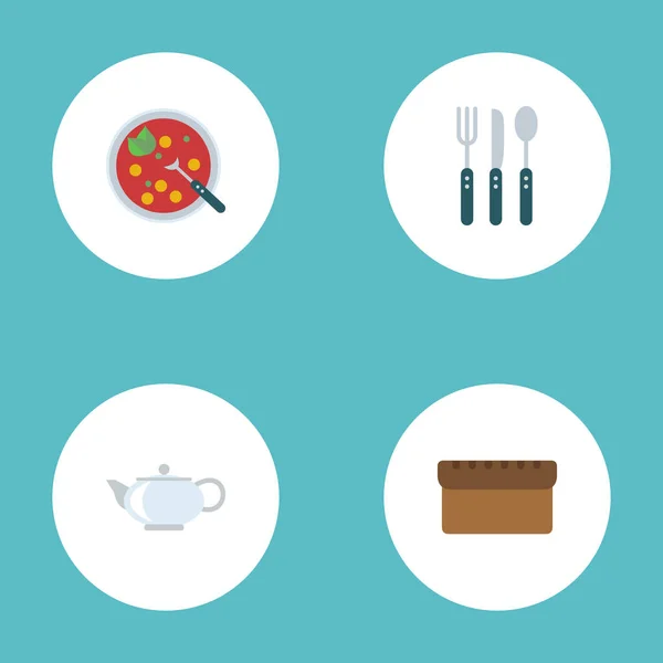 Lapos ikonok kenyeret, húsleves, evőeszközök és egyéb vektor. Élelmiszer lapos ikonok szimbólumok is tartalmaz vízforraló, teáskanna, Pot objektumok. — Stock Vector