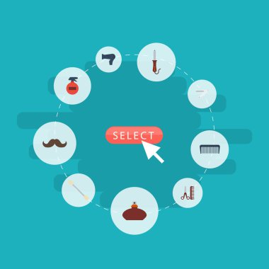 Düz simgeler tarak, Blade, parfüm ve diğer vektör öğeleri. Berber düz simgeler simge kümesi de tarak, saç fırçası, Mister nesneleri içerir.