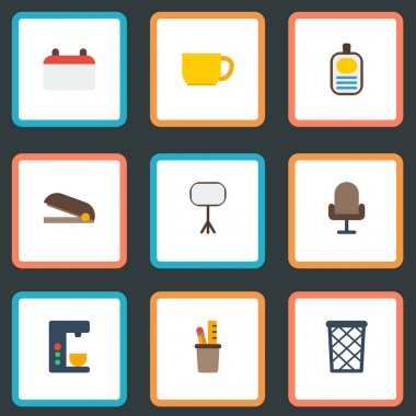 Düz simgeler tarihi, kalem sahibi, zımba ve diğer vektör öğeleri. Büro düz simgeler simge kümesi de içerir standı, kahve, zımba nesneleri.