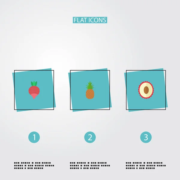 Iconos planos Litchi, Ananas, nabo y otros elementos vectoriales. Conjunto de iconos planos de frutas Símbolos también incluye raíz, Ananas, objetos Litchi . — Vector de stock