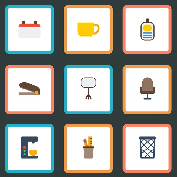 Flat Icons Date, Pen Holder, Puncher And Other Vector Elements. Set Of Bureau Flat Icons Symbols Also Includes Stand, Coffee, Stapler Objects. — Stock Vector