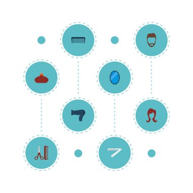 Simgeler düz stil tarak, ustura, flacon ve diğer vektör öğeleri. Berber simgeler düz stil simgeler kümesi de içerir saç, Kuaför, tarak nesneleri.