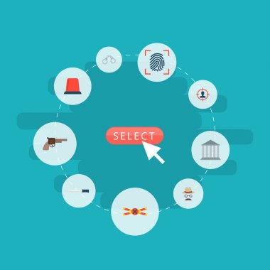 Simgeler düz stil flasher siren, suç mahalli, silah ve diğer vektör öğeleri. Suç simgeler düz stil sembolleri de tabanca, Dedektif, ev nesneleri içerir.