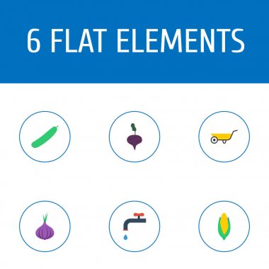 Simgeler düz stil el arabası, Mısır, salatalık ve diğer vektör öğeleri. Ayrıca sebze, el arabası, Mısır nesneleri içeren küme hasat simgeler düz stil sembolleri.