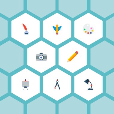 Yapıcı simgeler düz stil sembollerle masa lambası, kalem, yazı ve web mobil app logo tasarımı için diğer simgeler kümesi.