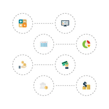 Simgeler düz stil sembollerle kredi, net gelir, hesap ve diğer simgeler web mobil app logo tasarımı için kayıt kümesi.