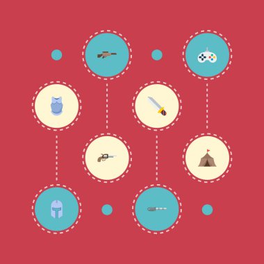 Oyun simgeleri düz stil sembolleri ile keskin nişancı tüfeği, oyun çubuğu, ortaçağ kışla ve web mobil app logo tasarımı için diğer simgeler kümesi.