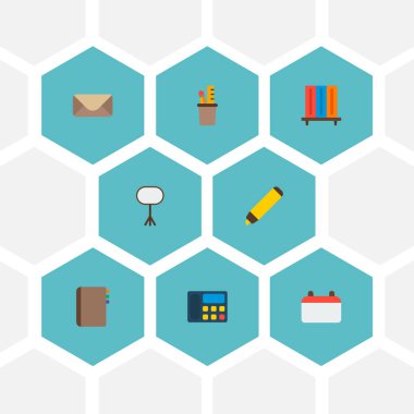 Takvim, telefon, kitaplık ve diğer simgeler web mobil app logo tasarımı için Büro simgeler düz stil sembollerle kümesi.