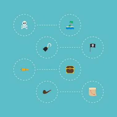 Spyglass, haritacılık, iskelet ve diğer simgeler web mobil app logo tasarımı için korsan simgeler düz stil sembollerle kümesi.