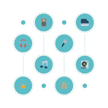 Davul, kulaklık, mikrofon ve diğer simgeler web mobil app logo tasarımı için melodi simgeler düz stil sembollerle kümesi.