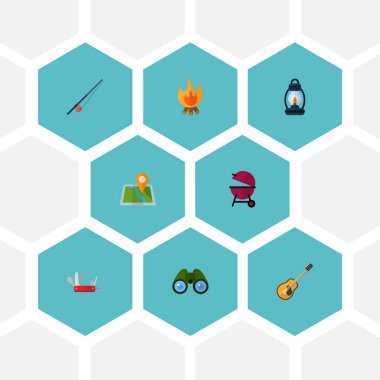 Kamp simgeler düz stil sembollerle çatışma bıçak, dürbün, Barbekü ve web mobil app logo tasarımı için diğer simgeler kümesi.