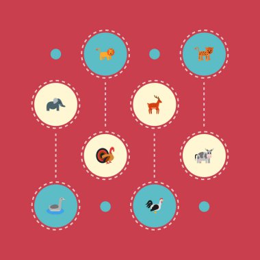 Canlı simgeler düz stil sembollerle kaz, geyik, leopar ve web mobil app logo tasarımı için diğer simgeler kümesi.