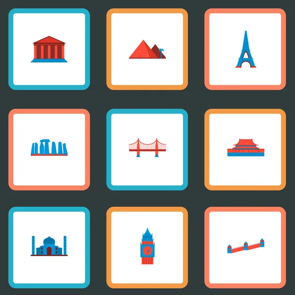 Conjunto de ícones de referência símbolos de estilo plano com giza, torre eiffel, academia e outros ícones para o seu design de logotipo de aplicativo móvel web . —  Vetores de Stock