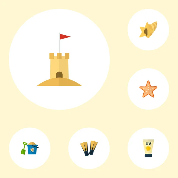 A strand ikonok lapos stílusú szimbólumok a vödör, békaláb, homok ikonok a webes mozgatható app logo tervezés. — Stock Fotó