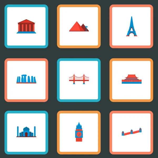 Set berühmter Symbole flache Stil-Symbole mit Giza, Eiffelturm, Akademie und anderen Symbolen für Ihr Web-Mobile-App-Logo-Design. — Stockfoto