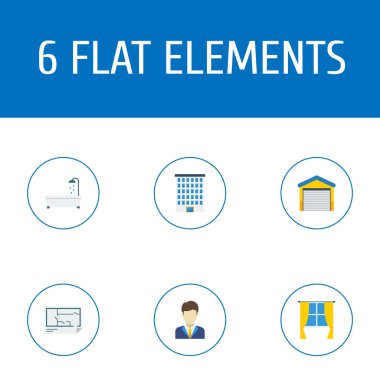 Simgeler düz stil garaj, küvet, Emlak ve diğer vektör öğeleri. Taşınmaz simgeler düz stil simgeler kümesi de içerir zemin, su, nesnelerini oluşturma.