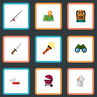 Simgeler düz stil pocket torch, dürbün, çatışma bıçak ve diğer vektör öğeleri. Kamp simgeler düz stil sembolleri de daha hafif, bıçak, konum nesneleri içerir.