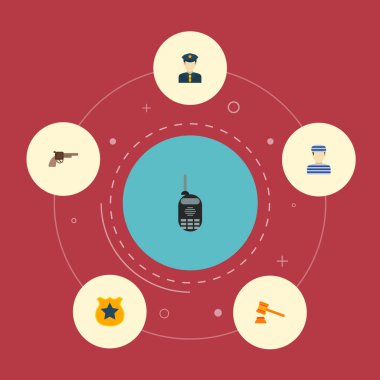 Simgeler düz stil memur, çekiç, radyo ve diğer vektör öğeleri. Suç simgeler düz stil simgeler kümesi de içerir Şerif, Yargıç, mobil nesneler.