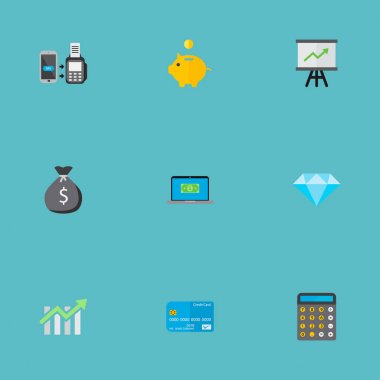 Simgeler düz stil ilerleme grafik, kredi kartı, hesap makinesi ve diğer vektör öğeleri. Set simgeleri düz stil sembolleri bankacılık da içerir para, grafik, ödeme nesneleri.