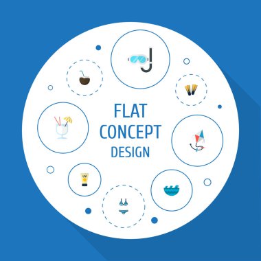 Simgeler düz stil kokteyl, Dalış maske, uçurtma ve diğer öğeleri vektör. Plaj simgeler düz stil simgeler kümesi de deniz, içki, alkol nesneleri içerir.