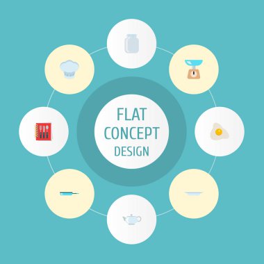 Simgeler düz stil kavanoz, su ısıtıcısı, yemek tarifi kitabı ve diğer vektör öğeleri. Düz stil simgeleri simgeleri pişirme seti de içerir dishware, su ısıtıcısı, kızarmış nesneleri.