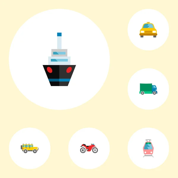 Icone in stile piatto taxi, nave, moto e altri elementi vettoriali. Set di icone di trasporto in stile piatto simboli comprende anche la nave, taxi, oggetti auto . — Vettoriale Stock
