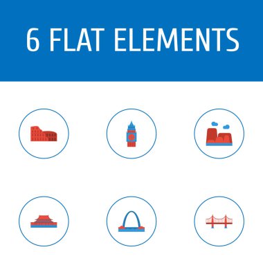 Simgeler düz stil golden gate, Kanyon, big ben ve diğer vektör öğeleri. Anıt simgeler düz stil sembolleri de Pekin, altın, Londra nesneleri içerir.