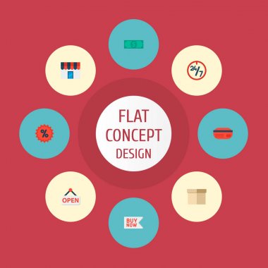 Simgeler düz stil rozet, satış, kutu ve diğer vektör öğeleri. Mağaza simgeler düz stil simgeler kümesi de içerir kutusunu, eylem, kart nesneleri.