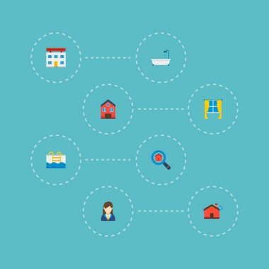 Simgeler düz Stil ayırıcı, pencere, ipotek ve diğer vektör öğeleri. Taşınmaz simgeler düz stil simgeler kümesi de içerir ev, Emlak, perde nesneleri.