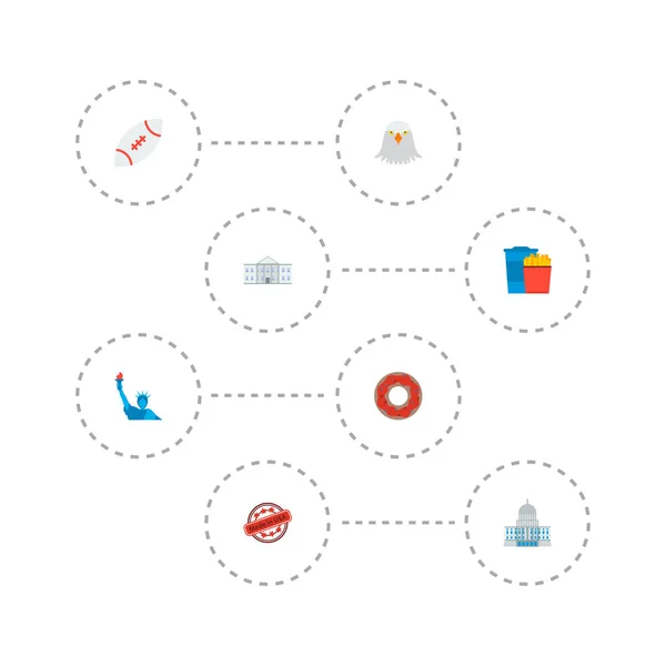 Iconos estilo plano estatua de la libertad, cabeza de águila, capitolio y otros elementos vectoriales. Conjunto de iconos de EE.UU. símbolos de estilo plano también incluye gobierno, rugby, objetos de estatua . — Archivo Imágenes Vectoriales