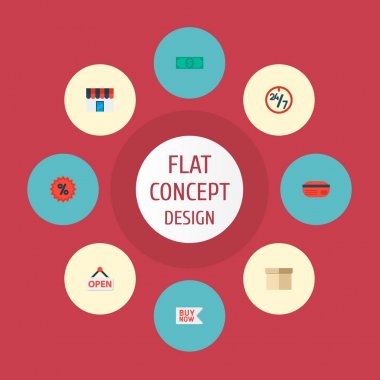 Set simgeleri düz stil sembollerle rozet, satış, kutu ve diğer simgeler web mobil app logo tasarımı için alışveriş.