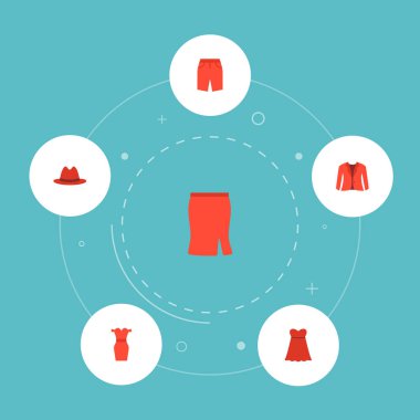 Gece elbisesi, panama, etek ve diğer simgeler web mobil app logo tasarımı için kıyafet simgeler düz stil sembollerle kümesi.