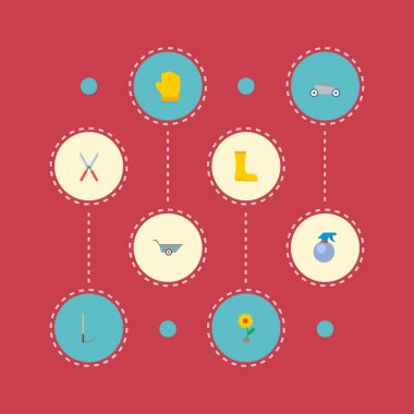 Secateurs, su geçirmez ayakkabı, tırpan ve diğer simgeler web mobil app logo tasarımı için bahçe bitkileri simgeler düz stil sembollerle kümesi.