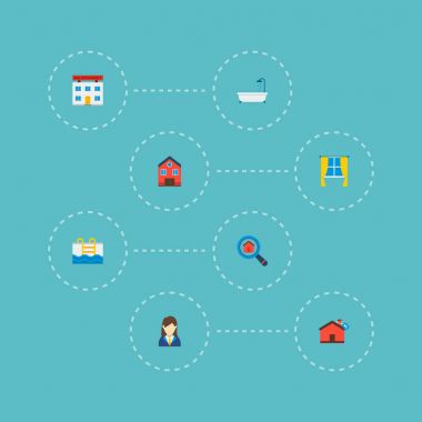 Broker, pencere, ipotek ve diğer simgeler web mobil app logo tasarımı için emlak simgeleri düz stil sembollerle kümesi.