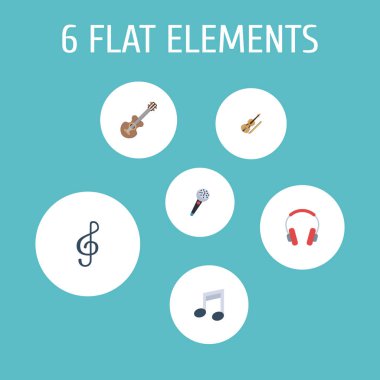 Kulaklık, mikrofon, tiz nota anahtarı ve diğer simgeler web mobil app logo tasarımı için melodi simgeler düz stil sembollerle kümesi.