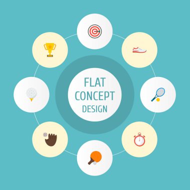 Kanca, tenis, beyzbol ve diğer simgeler web mobil app logo tasarımı için faaliyet simgeleri düz stil sembollerle kümesi.