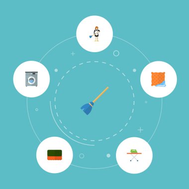 Simgeler düz stil sembollerle temiz bez, hizmetçi, çırpma teli ve diğer simgeler web mobil app logo tasarımı için temizlik seti.