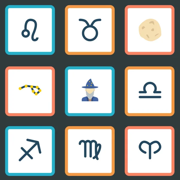 Set di icone astrologiche simboli in stile piatto con libra, costellazione, aries e altre icone per il design del logo della tua app mobile web . — Vettoriale Stock