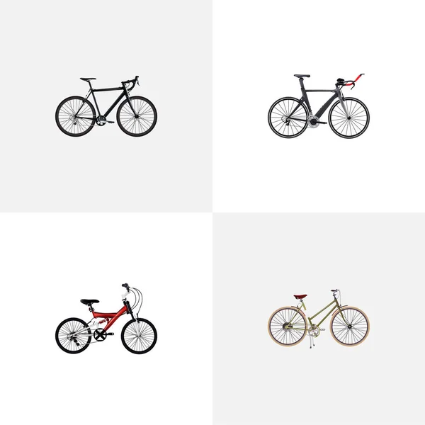 Set von Fahrrad realistischen Symbolen mit Frauenrad, Heimtrainer, Triathlonrad und andere Symbole für Ihre Web-Mobile-App-Logo-Design. — Stockvektor