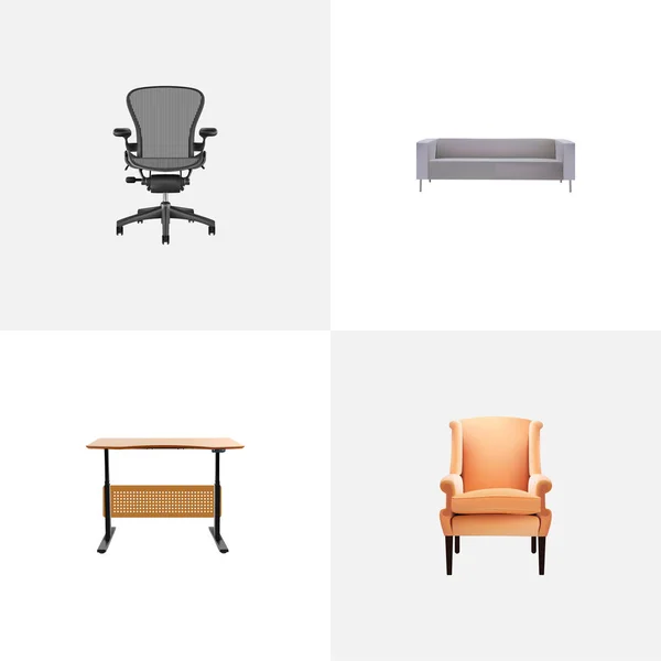 Набор реалистичных символов с офисным стулом, письменным столом, диваном и другими иконками для дизайна логотипа вашего мобильного веб-приложения . — стоковый вектор