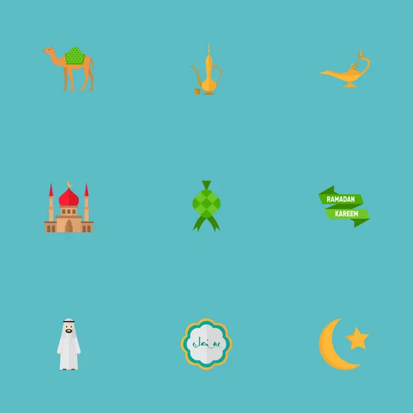 Conjunto de iconos de ramadán símbolos de estilo plano con camello, ketupat, macho musulmán y otros iconos para el diseño del logotipo de su aplicación móvil web . — Foto de Stock