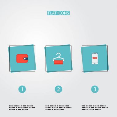 Set simgeleri düz stil sembolleri ile hareket eden, cüzdan, askı ve diğer simgeler web mobil app logo tasarımı için alışveriş.