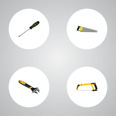 Testere, tornavida, anahtar ve diğer simgeler web mobil app logo tasarımı için aletleri gerçekçi simgeler kümesi.