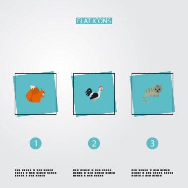 Zooloji simgeler düz stil sembolleri kedi, horoz, sincap ve web mobil app logo tasarımı için diğer simgeler kümesi.