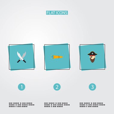 Korsan, kara leke, spyglass ve diğer simgeler web mobil app logo tasarımı için korsan simgeler düz stil sembollerle kümesi.